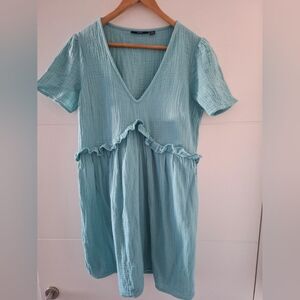 Light Blue V-Neck Ruffle Dress